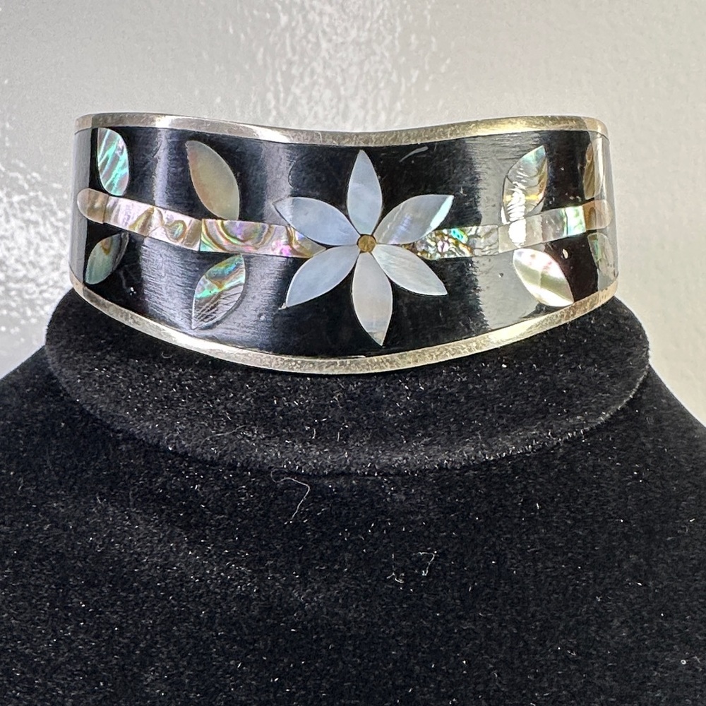 Black and Silver Floral Cuff Bracelet